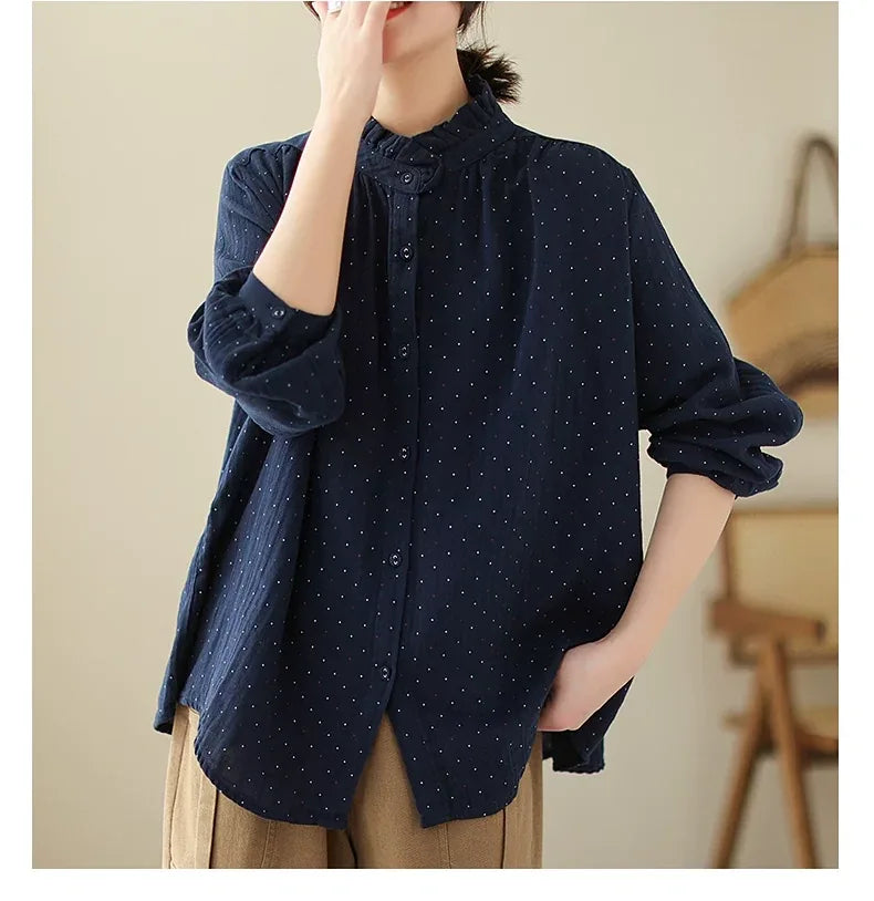 Ruffled Stand Collar Polka Dot Crinkle Cotton Shirt