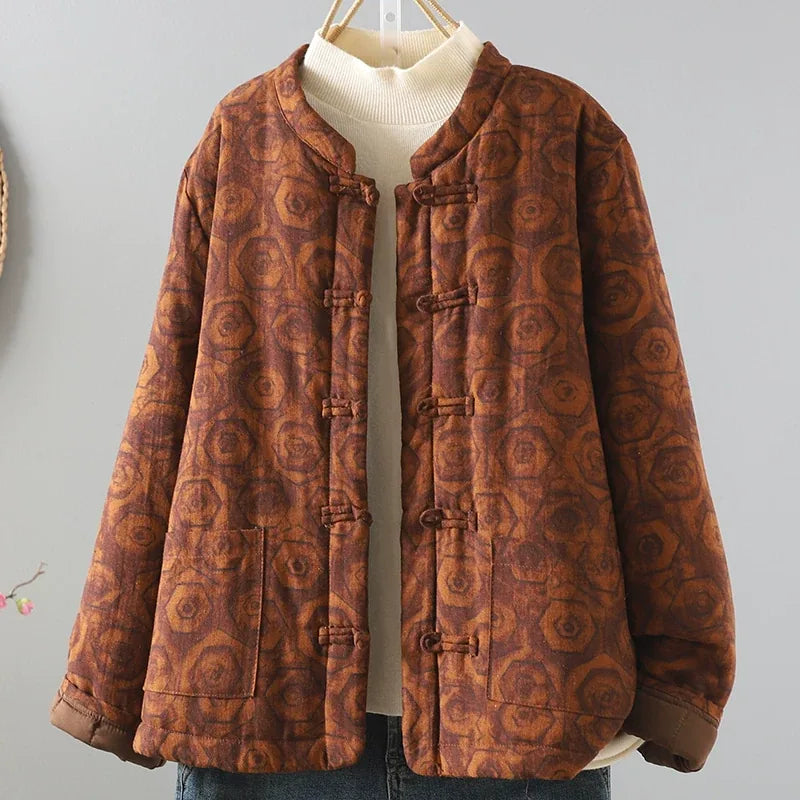 Rust Brown Geometric Print Frog Button Mandarin Collar Padded Jacket
