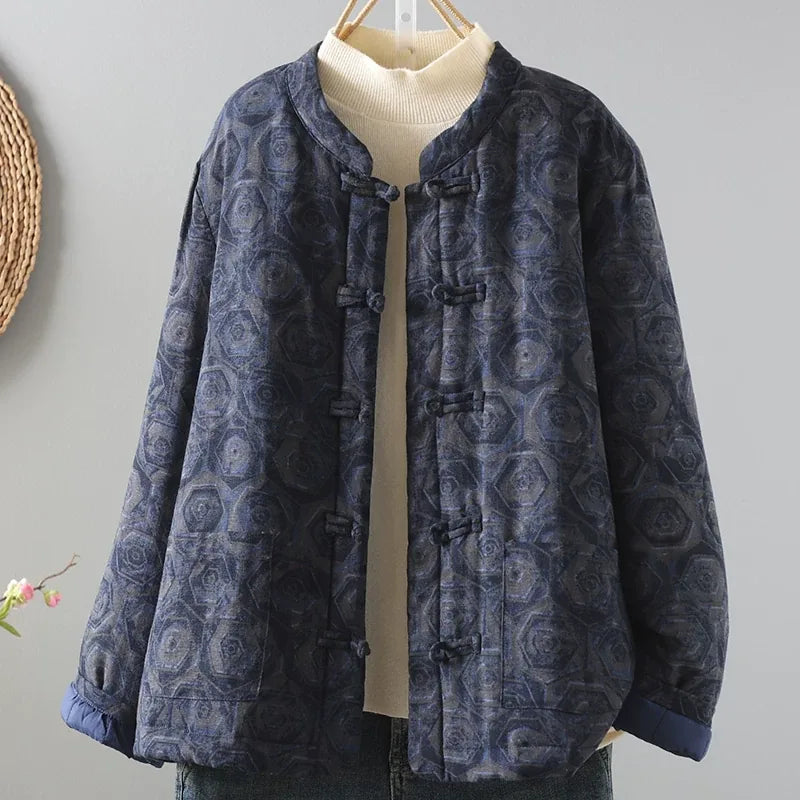 Rust Brown Geometric Print Frog Button Mandarin Collar Padded Jacket