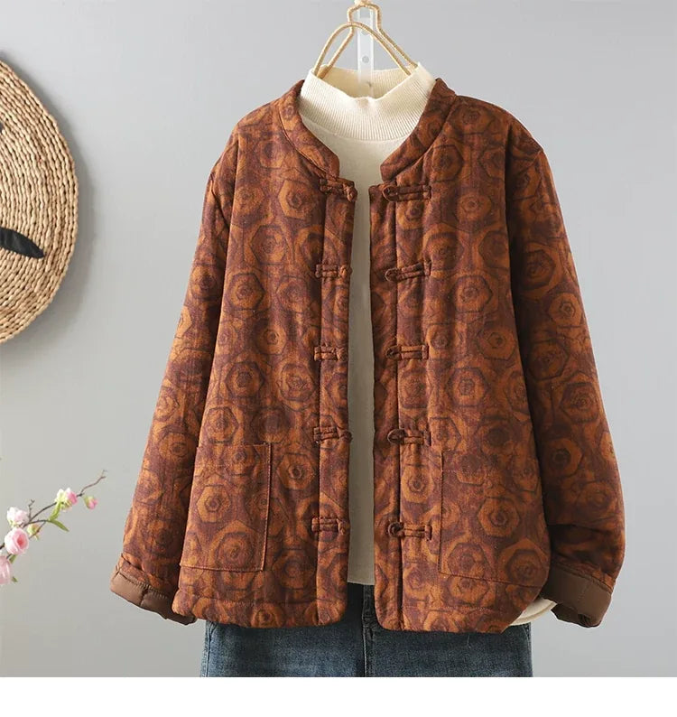 Rust Brown Geometric Print Frog Button Mandarin Collar Padded Jacket