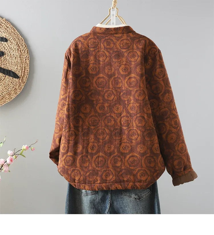 Rust Brown Geometric Print Frog Button Mandarin Collar Padded Jacket
