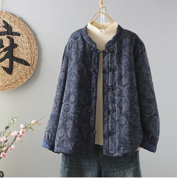 Rust Brown Geometric Print Frog Button Mandarin Collar Padded Jacket