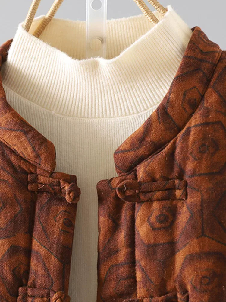 Rust Brown Geometric Print Frog Button Mandarin Collar Padded Jacket