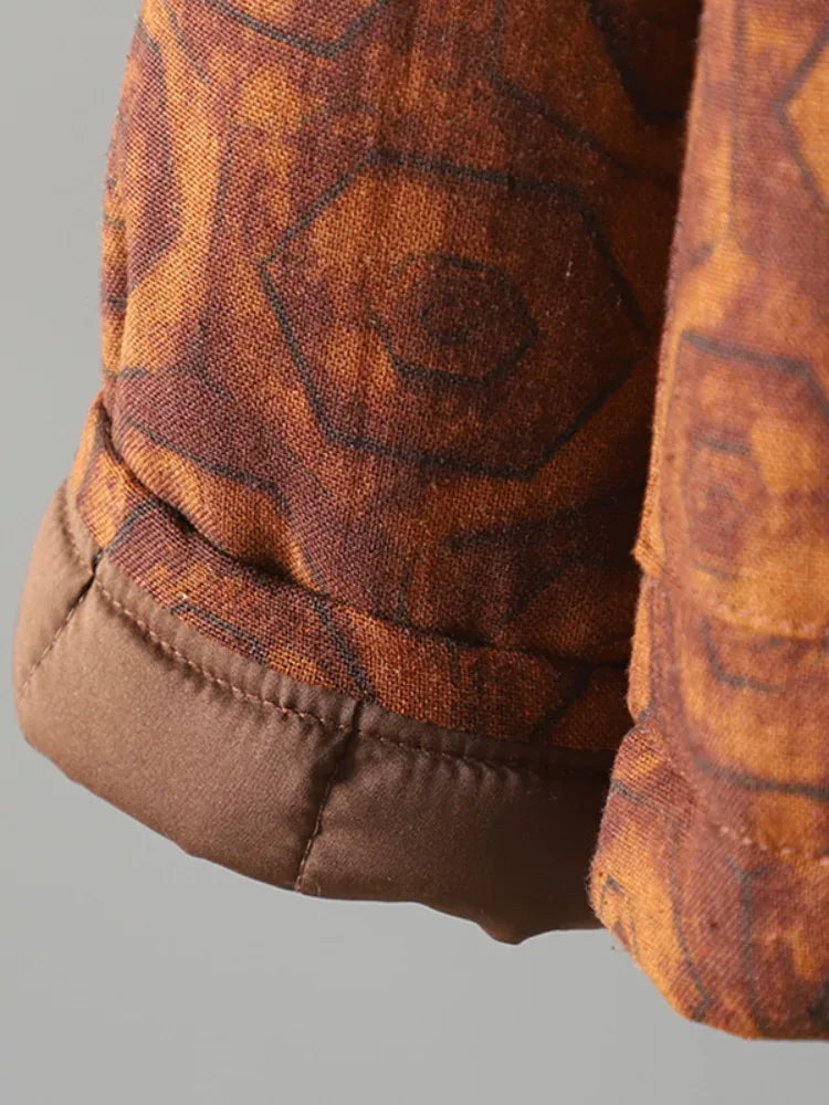 Rust Brown Geometric Print Frog Button Mandarin Collar Padded Jacket