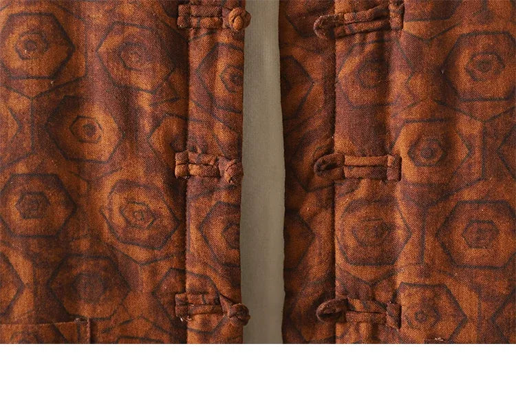 Rust Brown Geometric Print Frog Button Mandarin Collar Padded Jacket