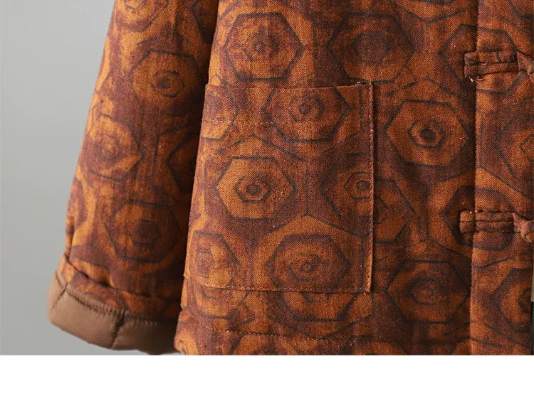 Rust Brown Geometric Print Frog Button Mandarin Collar Padded Jacket