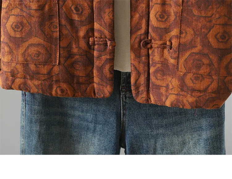 Rust Brown Geometric Print Frog Button Mandarin Collar Padded Jacket