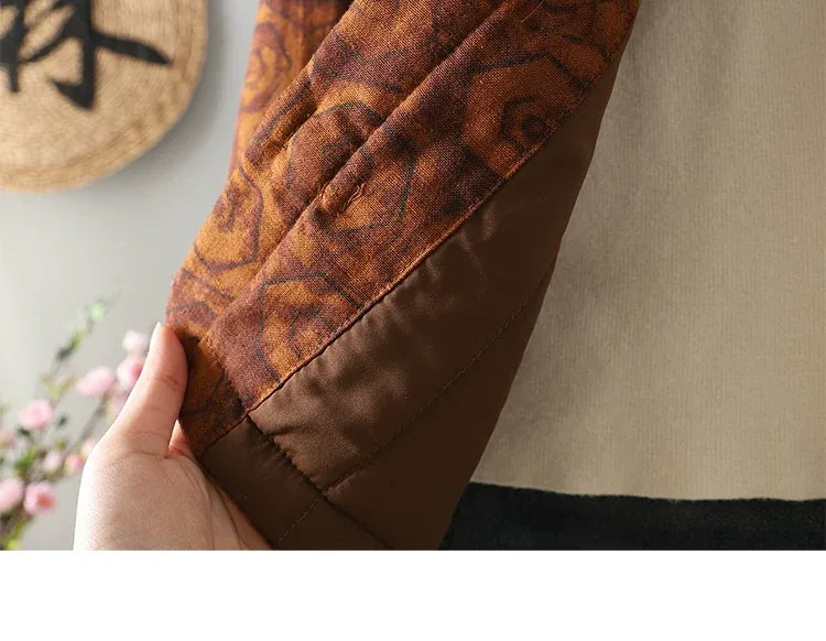 Rust Brown Geometric Print Frog Button Mandarin Collar Padded Jacket