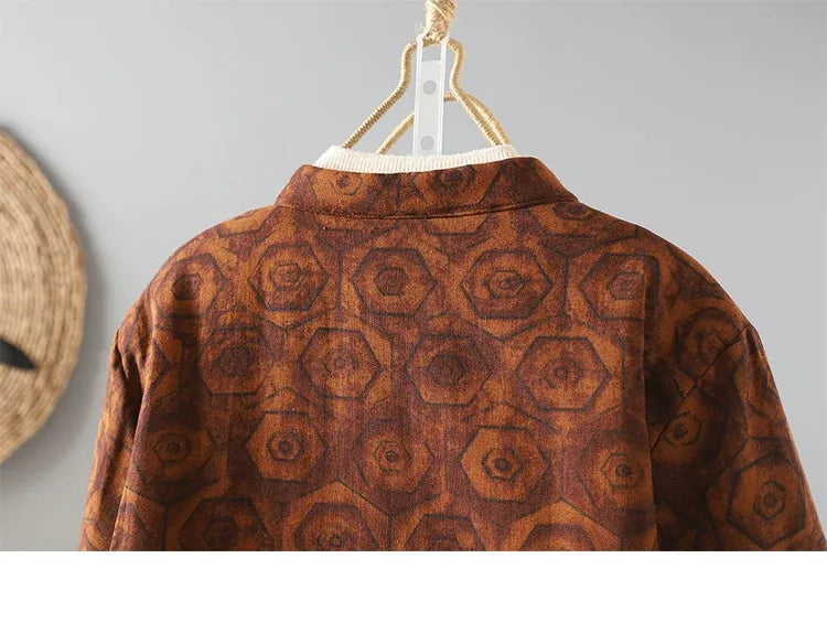 Rust Brown Geometric Print Frog Button Mandarin Collar Padded Jacket