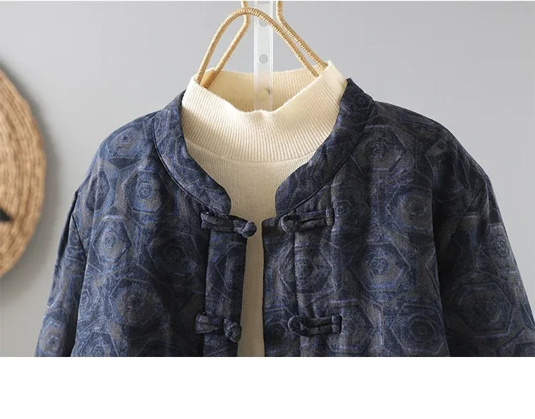 Rust Brown Geometric Print Frog Button Mandarin Collar Padded Jacket