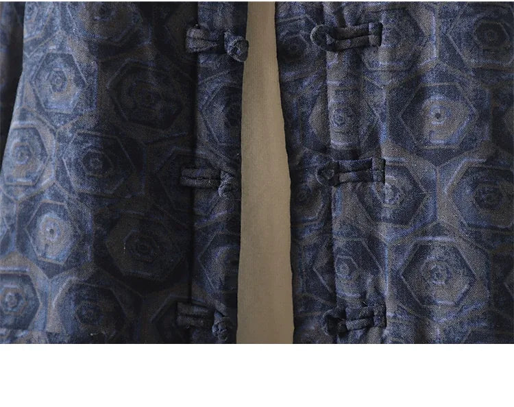 Rust Brown Geometric Print Frog Button Mandarin Collar Padded Jacket
