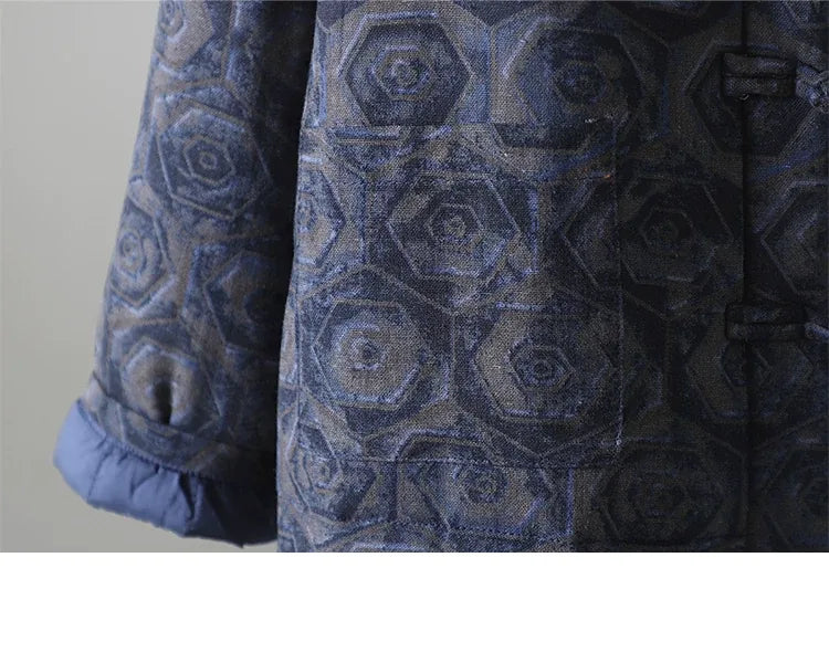 Rust Brown Geometric Print Frog Button Mandarin Collar Padded Jacket