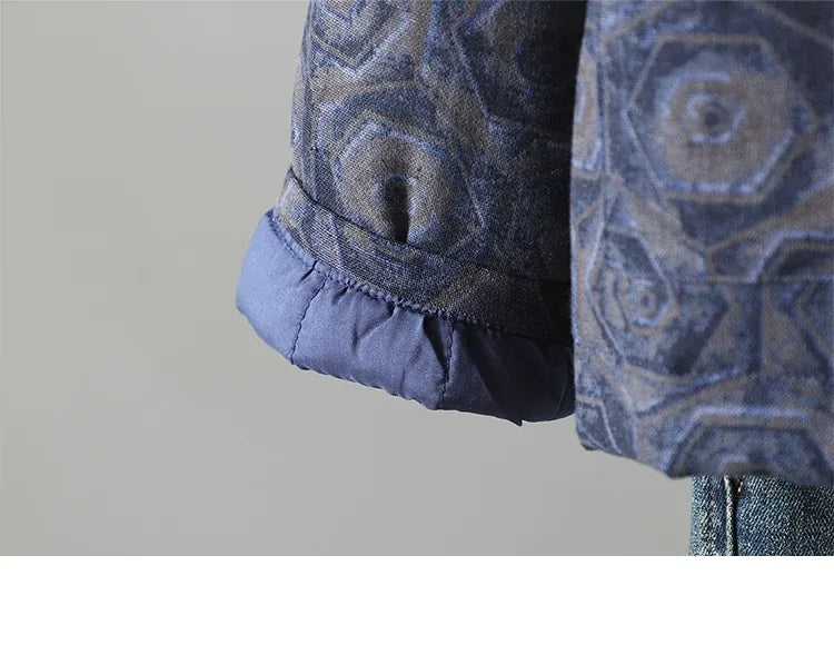 Rust Brown Geometric Print Frog Button Mandarin Collar Padded Jacket