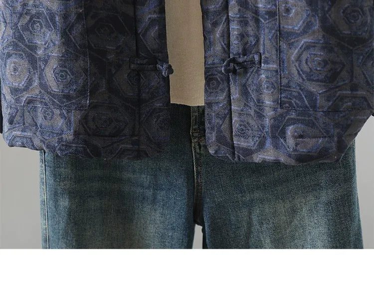 Rust Brown Geometric Print Frog Button Mandarin Collar Padded Jacket