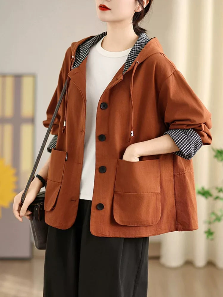 Rust Orange Hooded Workwear Jacket with Checkered Lining