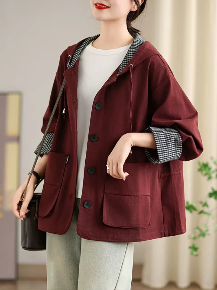 Rust Orange Hooded Workwear Jacket with Checkered Lining