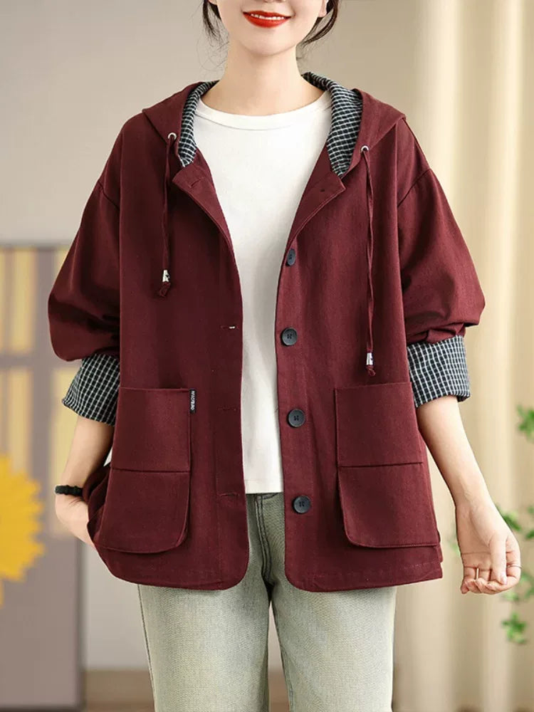 Rust Orange Hooded Workwear Jacket with Checkered Lining