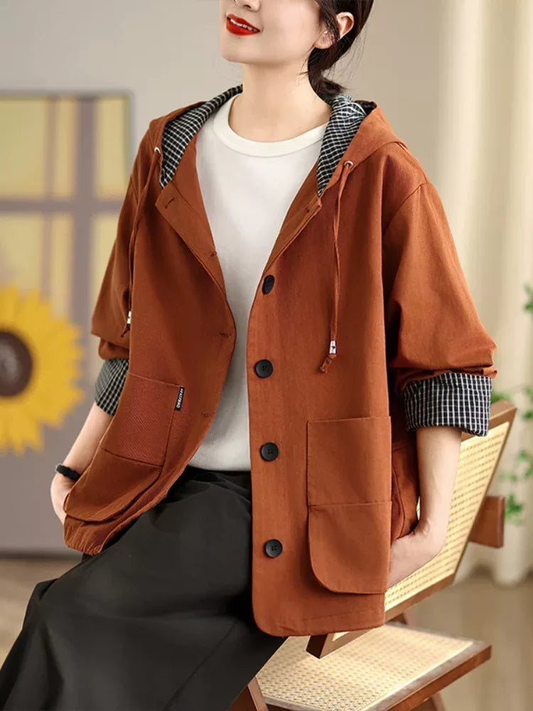 Rust Orange Hooded Workwear Jacket with Checkered Lining