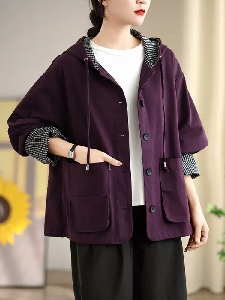 Rust Orange Hooded Workwear Jacket with Checkered Lining