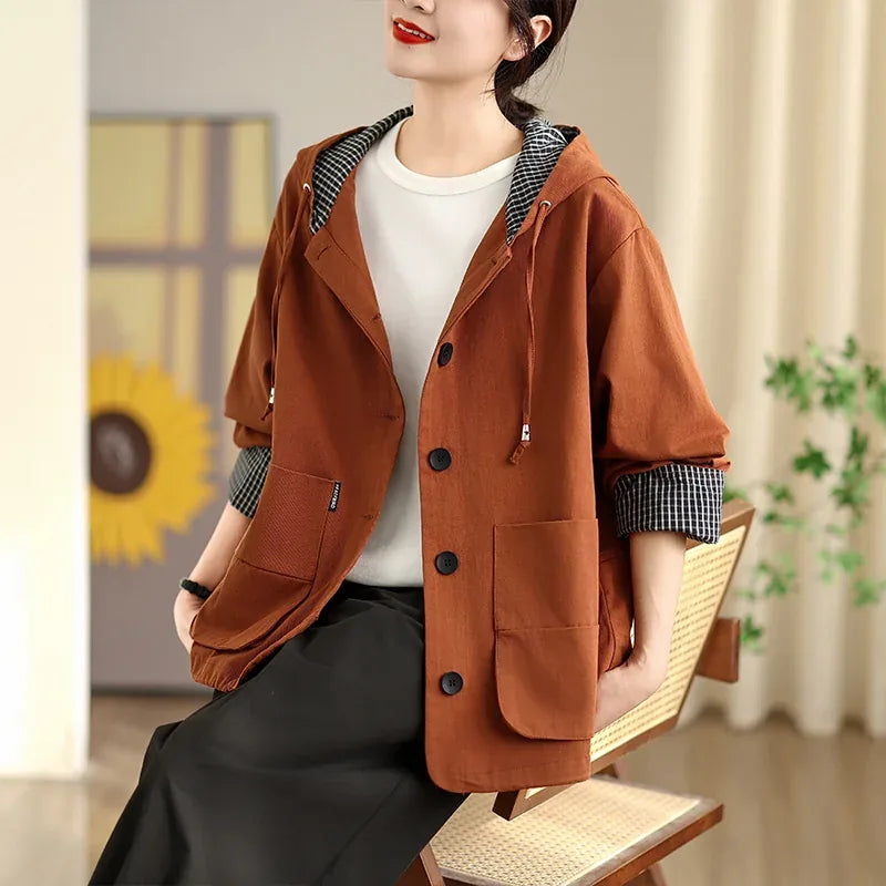 Rust Orange Hooded Workwear Jacket with Checkered Lining