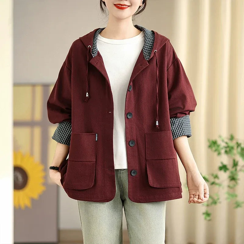 Rust Orange Hooded Workwear Jacket with Checkered Lining