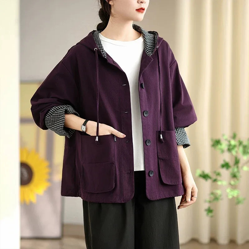 Rust Orange Hooded Workwear Jacket with Checkered Lining