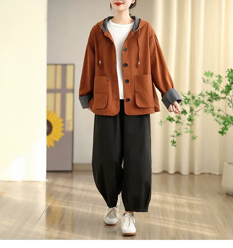 Rust Orange Hooded Workwear Jacket with Checkered Lining