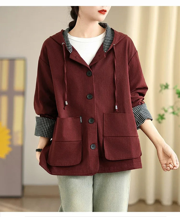Rust Orange Hooded Workwear Jacket with Checkered Lining