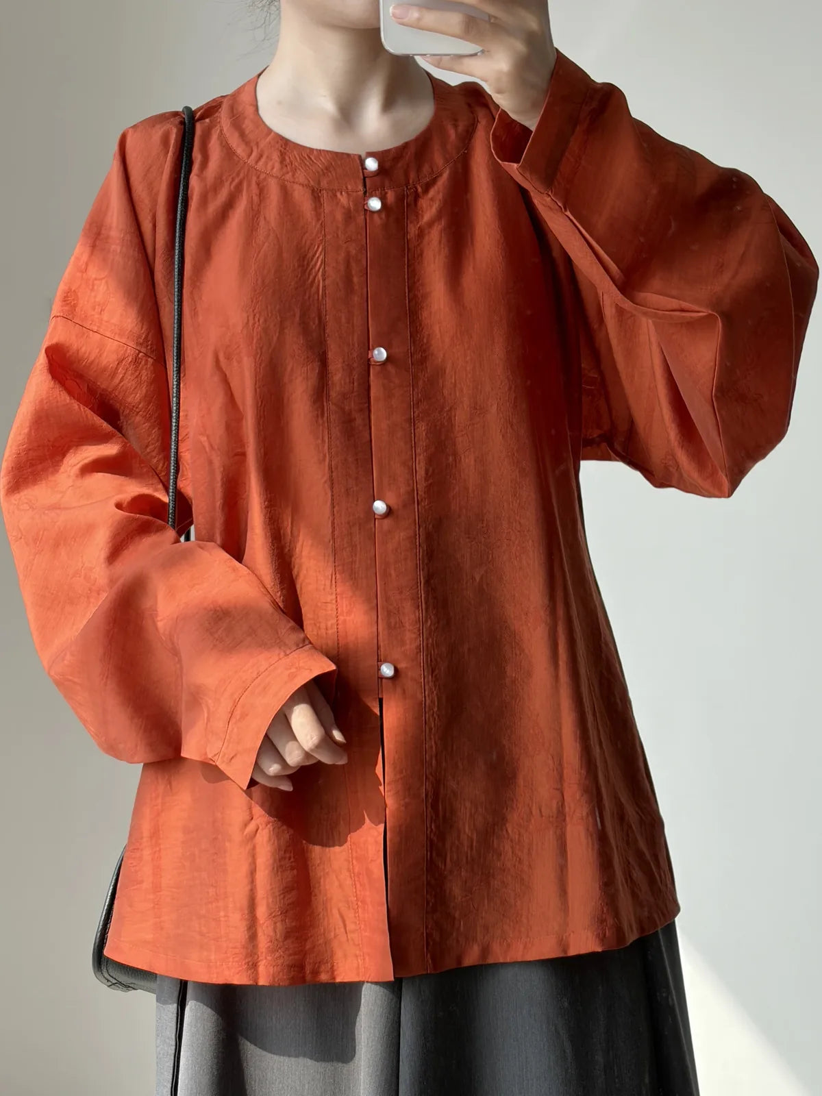 Rust Orange Jacquard Round Neck Button Front Wide Sleeve Shirt