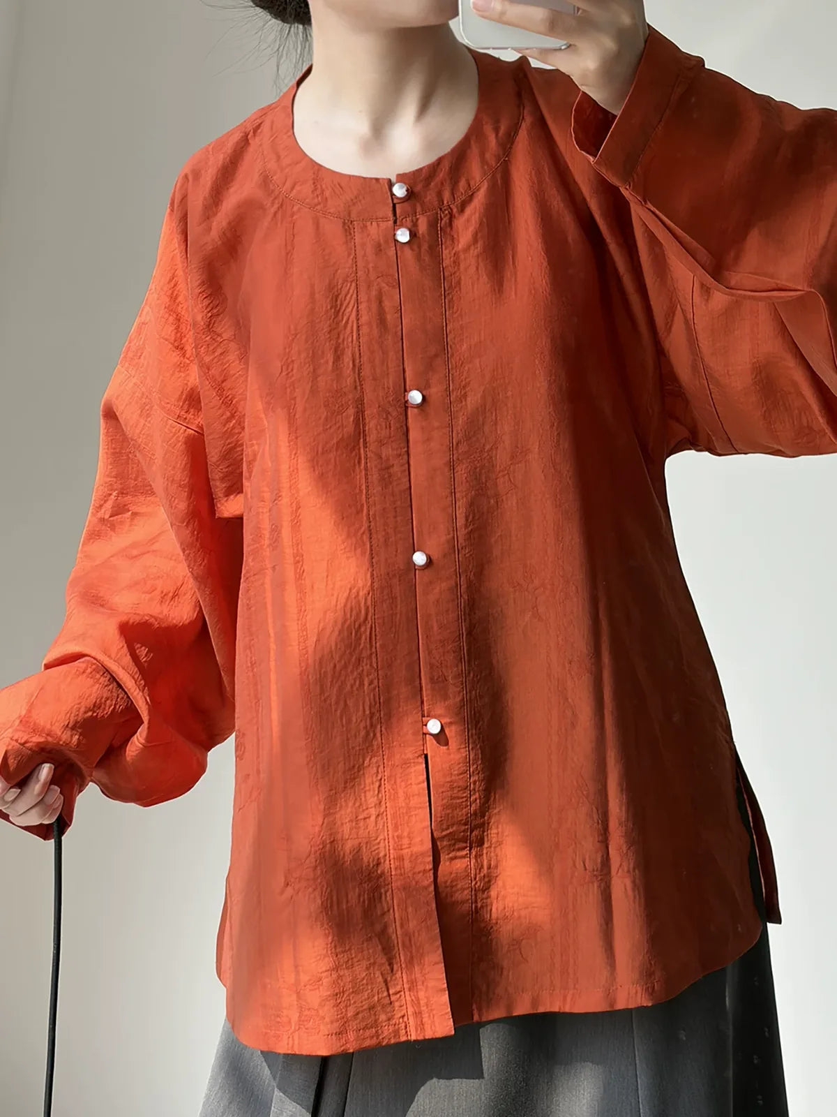 Rust Orange Jacquard Round Neck Button Front Wide Sleeve Shirt