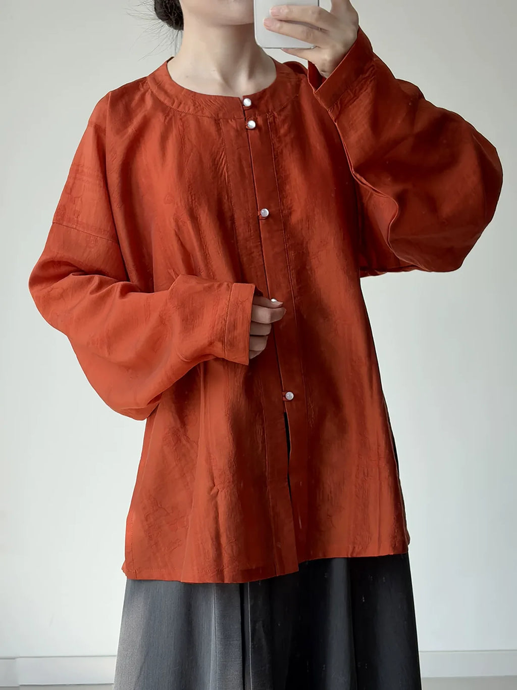 Rust Orange Jacquard Round Neck Button Front Wide Sleeve Shirt