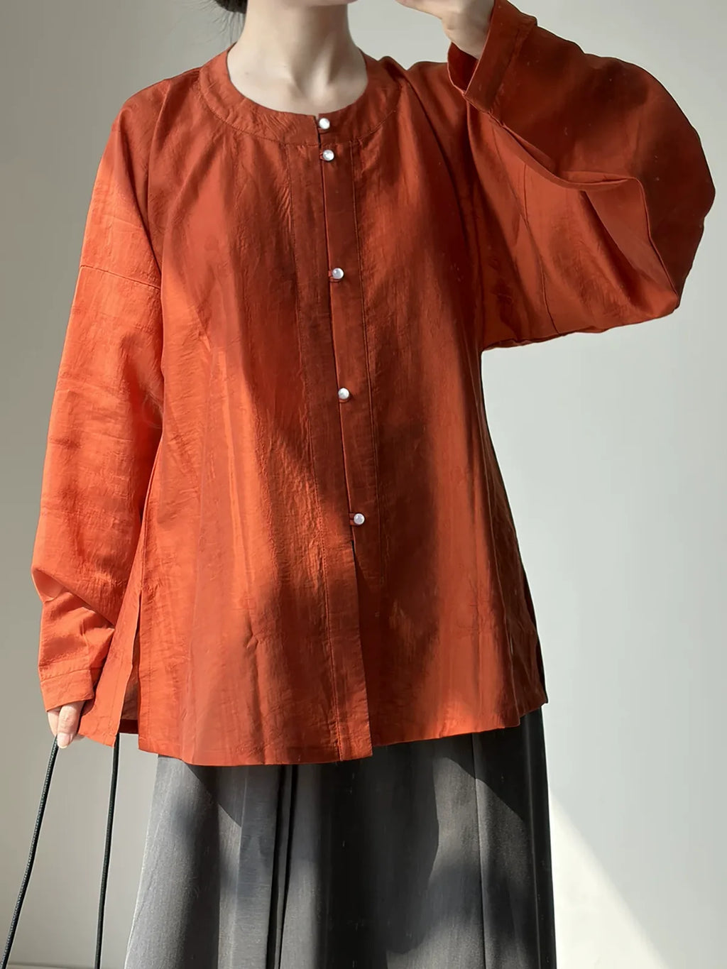 Rust Orange Jacquard Round Neck Button Front Wide Sleeve Shirt