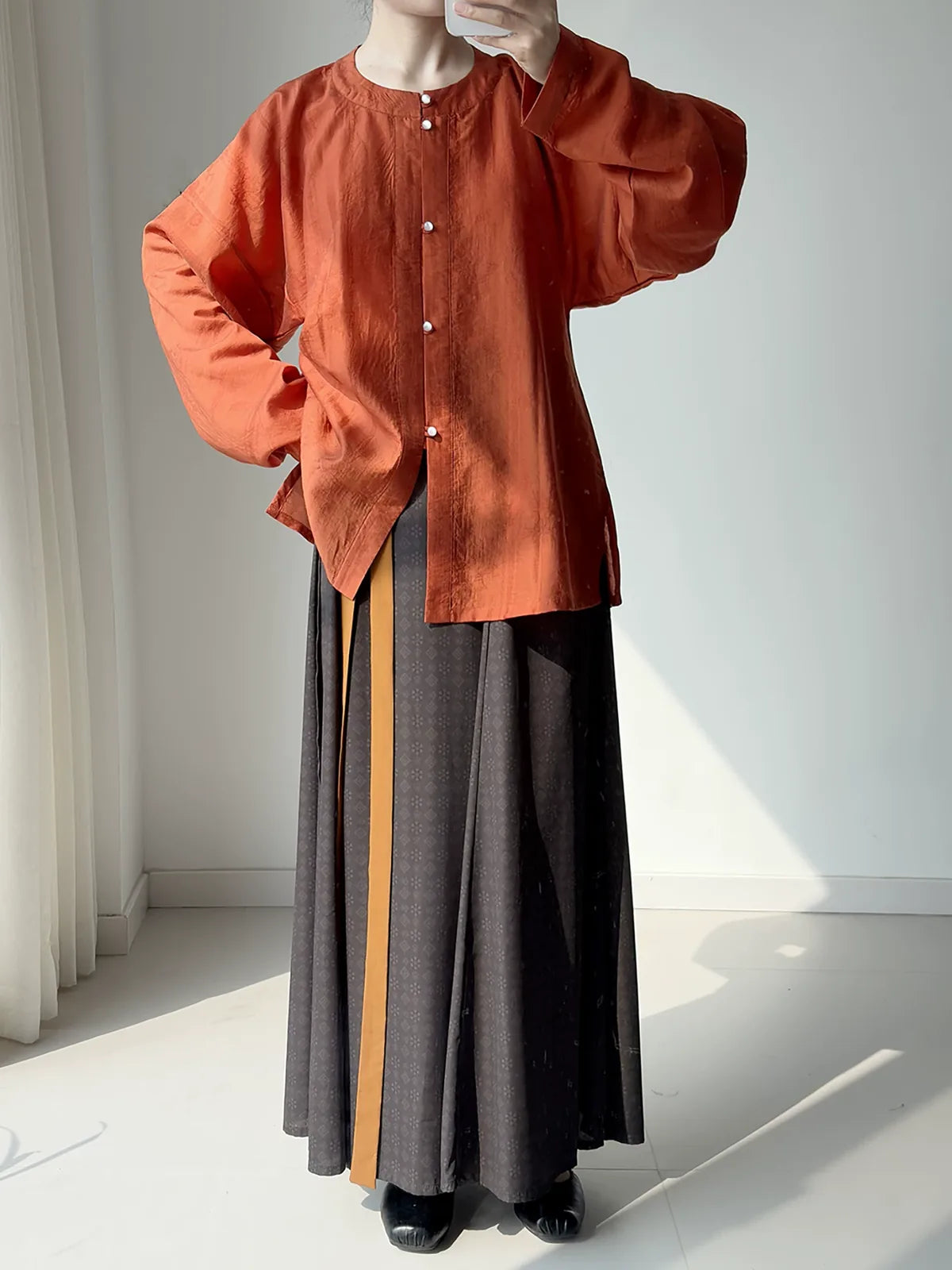 Rust Orange Jacquard Round Neck Button Front Wide Sleeve Shirt
