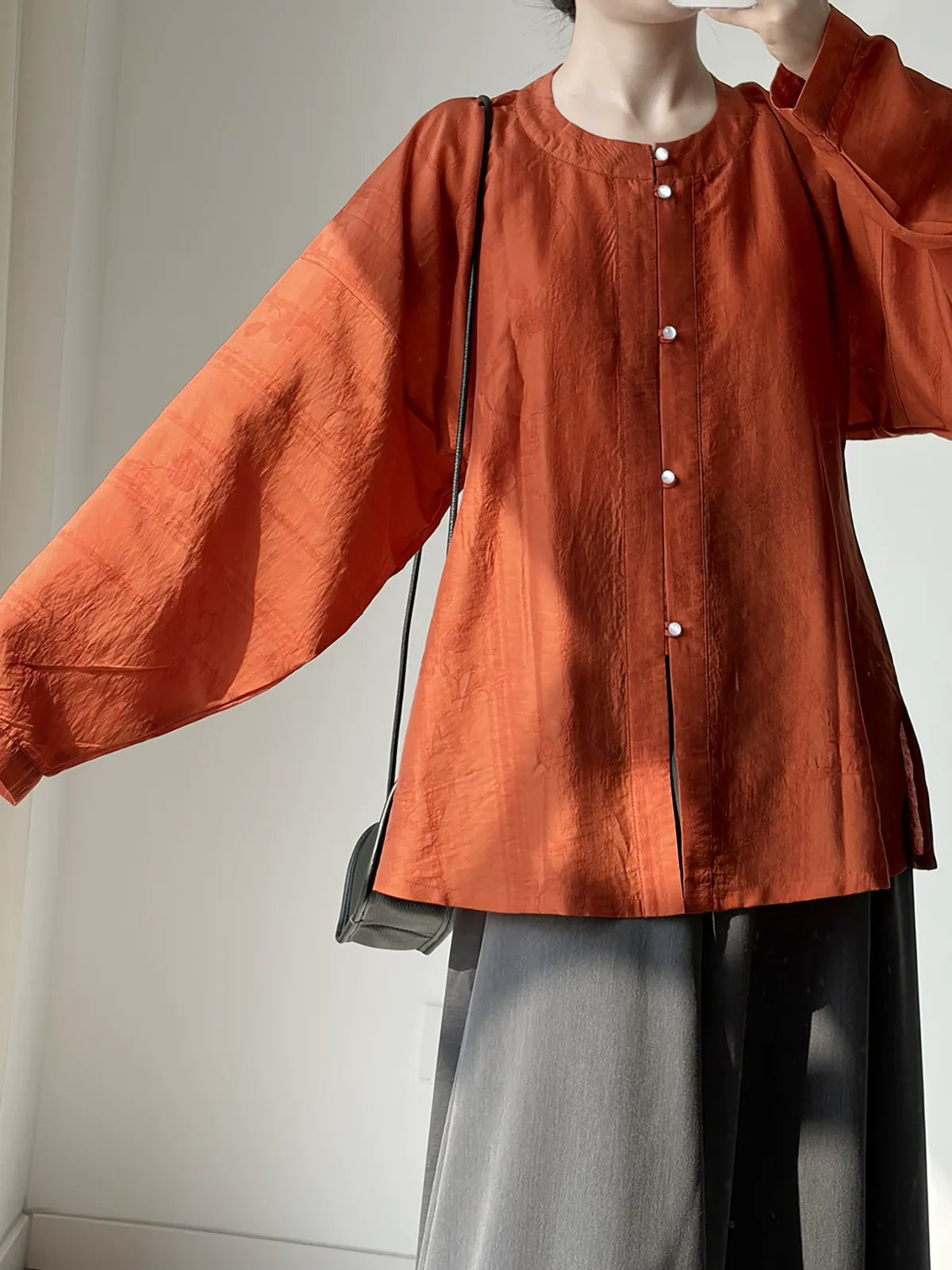 Rust Orange Jacquard Round Neck Button Front Wide Sleeve Shirt