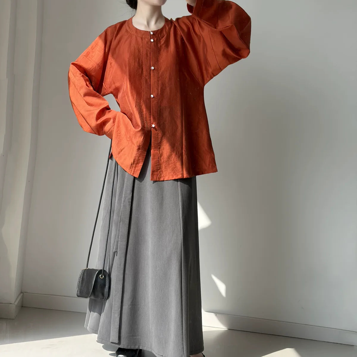 Rust Orange Jacquard Round Neck Button Front Wide Sleeve Shirt