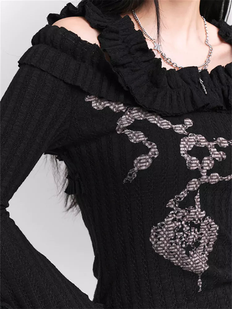 Chic Black Stretch Ruffle Print Bell Sleeve Knit Top