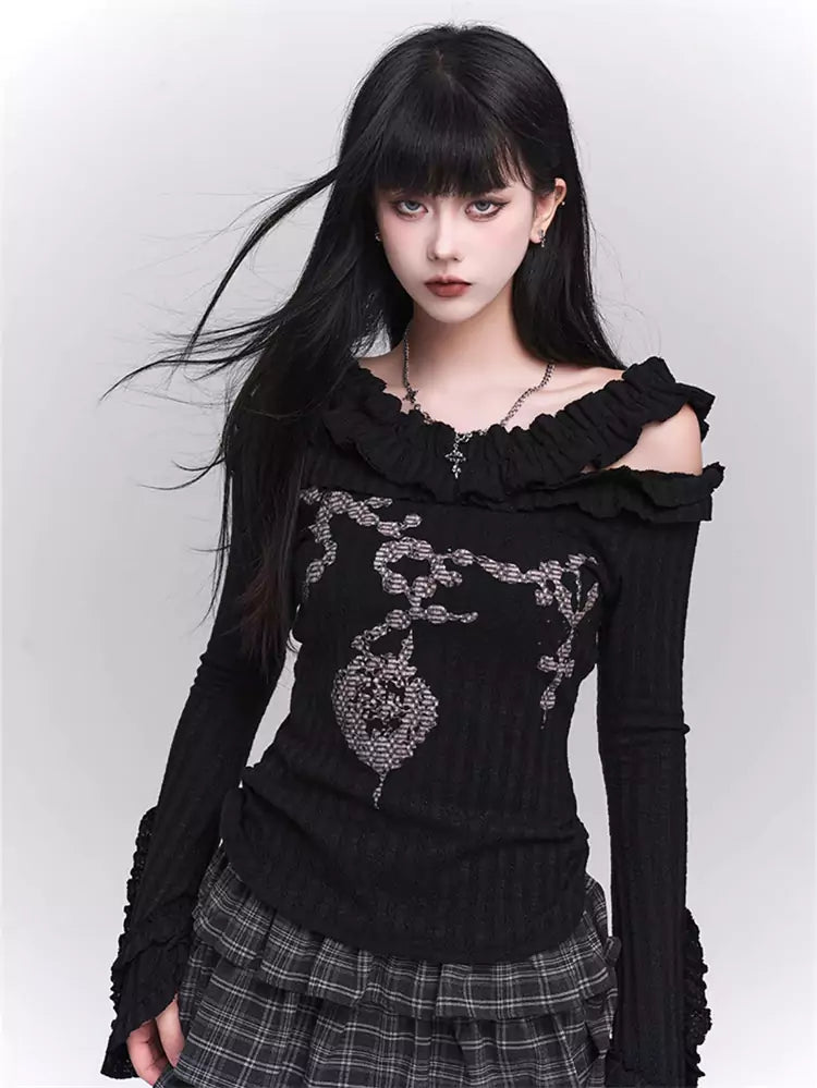 Top de punto elegante con mangas acampanadas, estampado de volantes y elástico negro