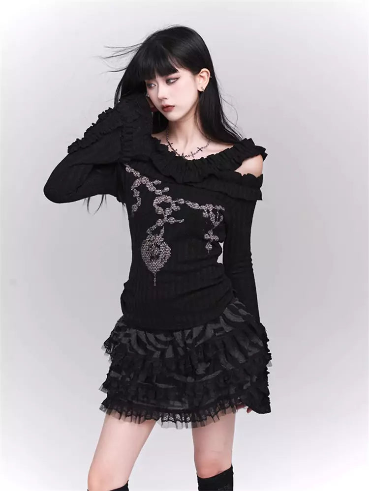 Chic Black Stretch Ruffle Print Bell Sleeve Knit Top