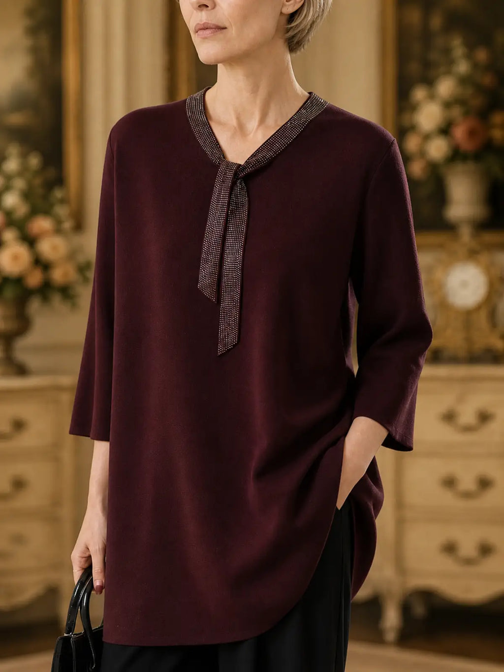Silky-Feel V-Neck Top with Decorative Tie Detail - detail view