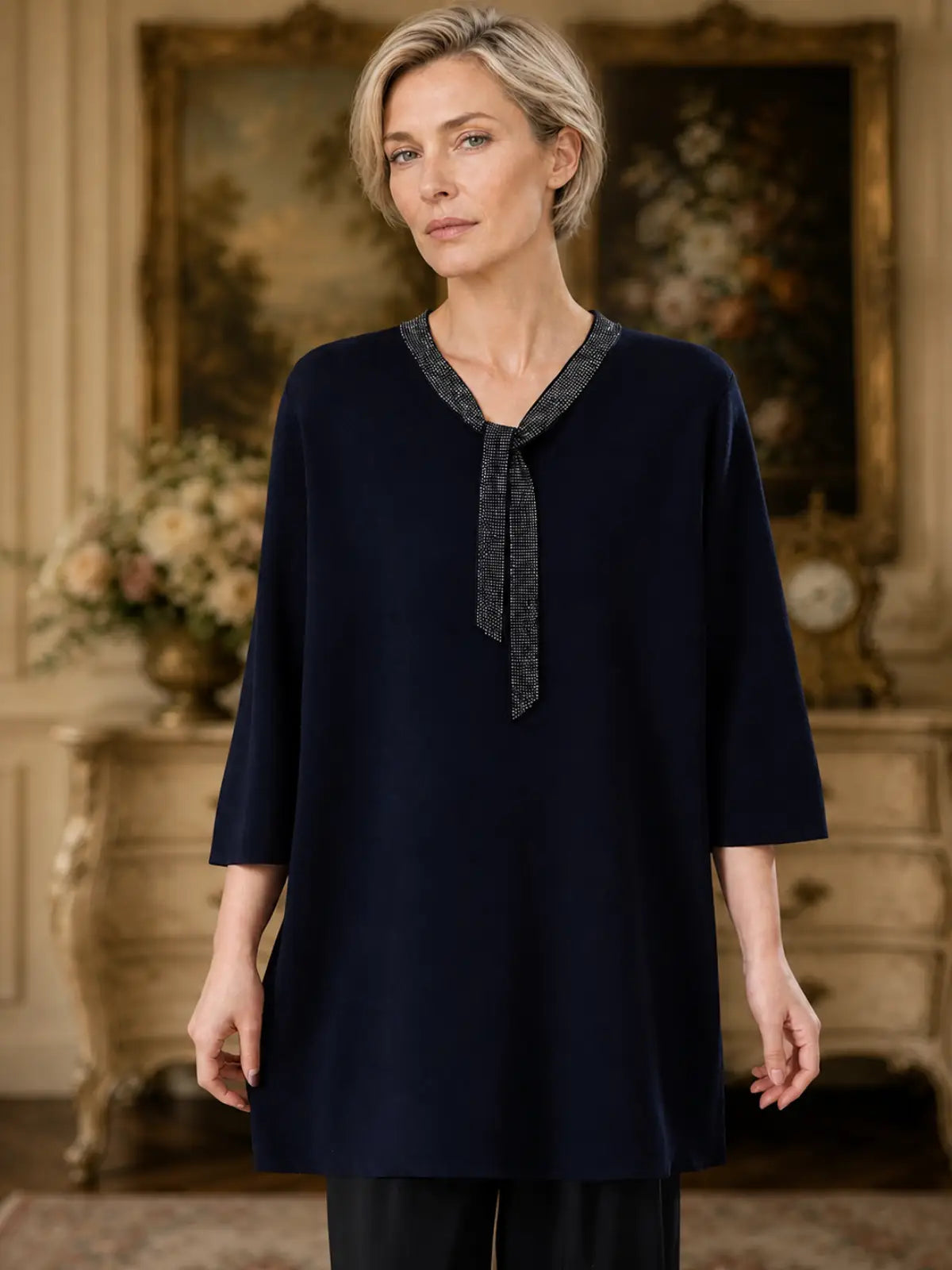 Silky-Feel V-Neck Top with Decorative Tie Detail - flat lay view