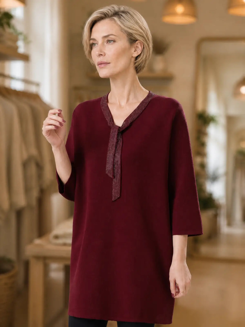 Silky-Feel V-Neck Top with Decorative Tie Detail - full body view