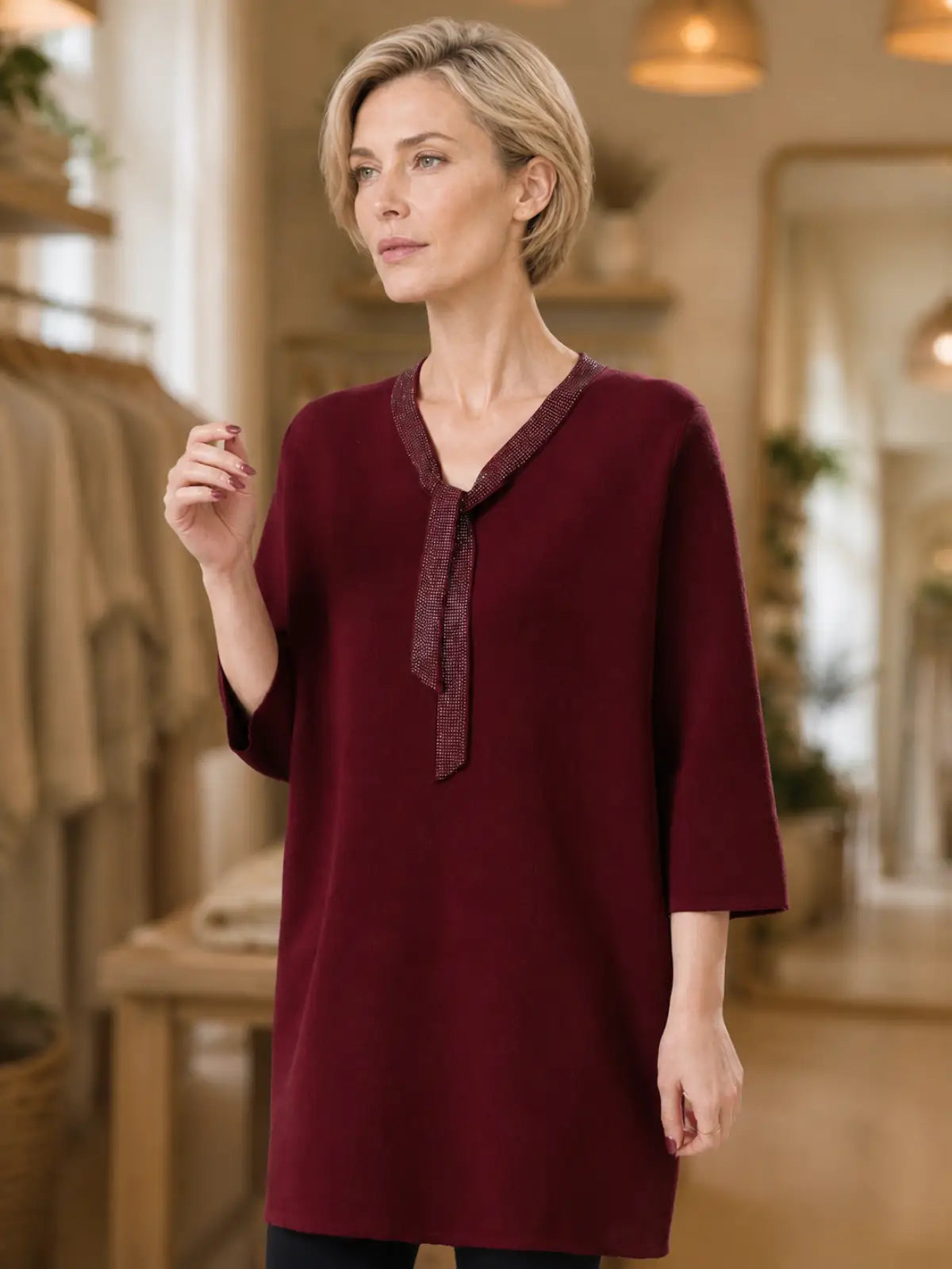 Silky-Feel V-Neck Top with Decorative Tie Detail - full body view