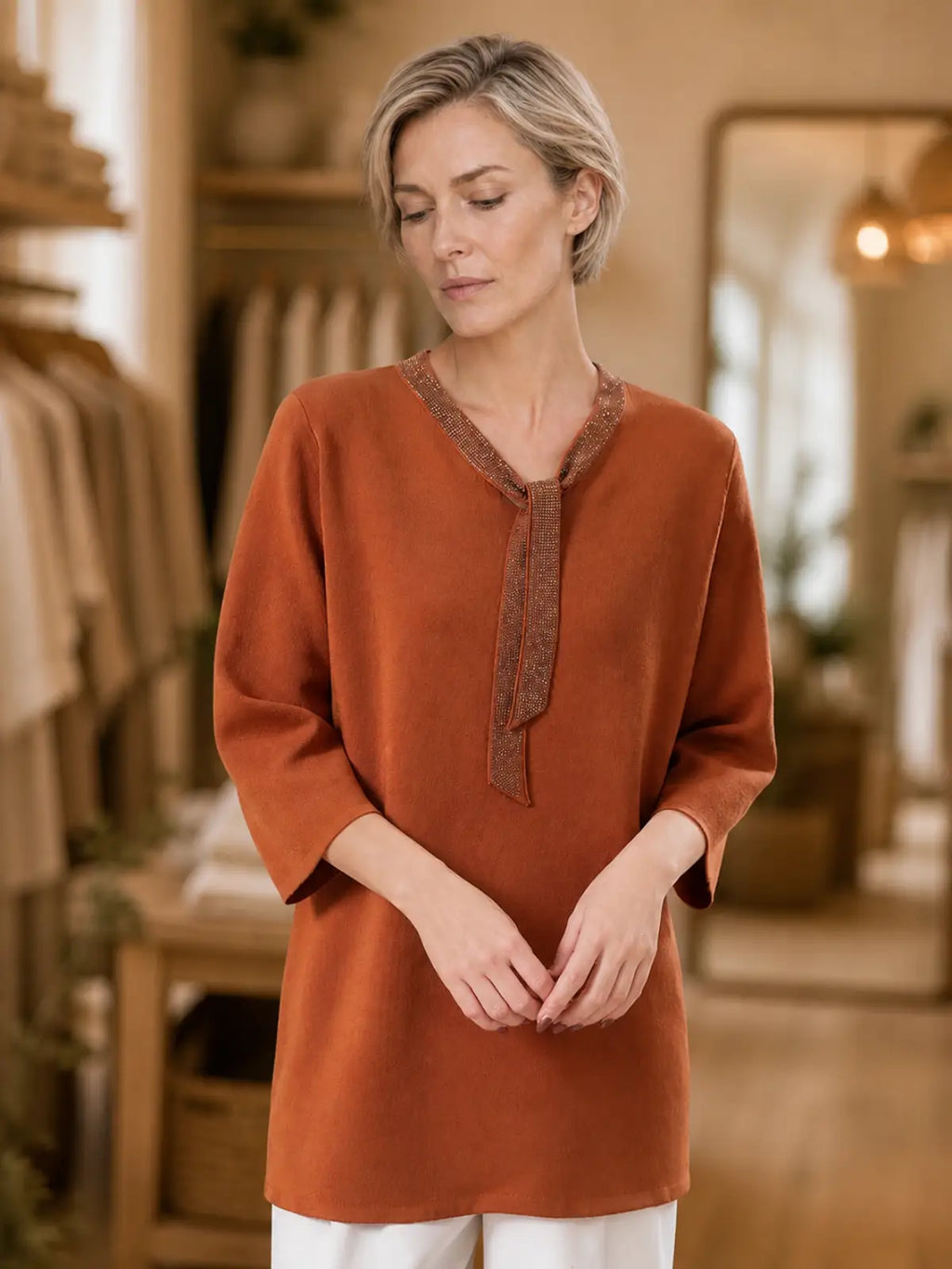 Silky-Feel V-Neck Top with Decorative Tie Detail - image 6 view