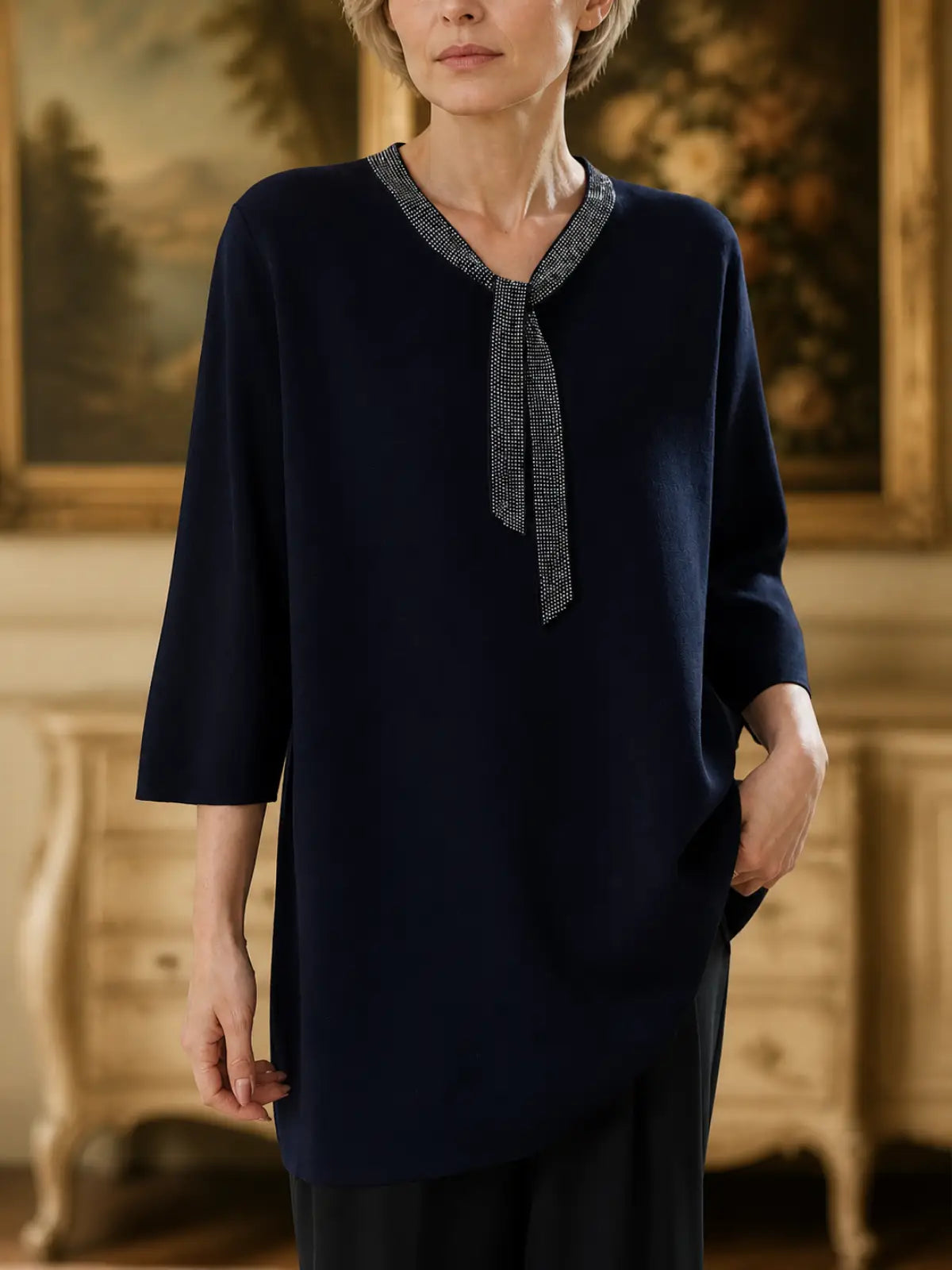 Silky-Feel V-Neck Top with Decorative Tie Detail - lifestyle view