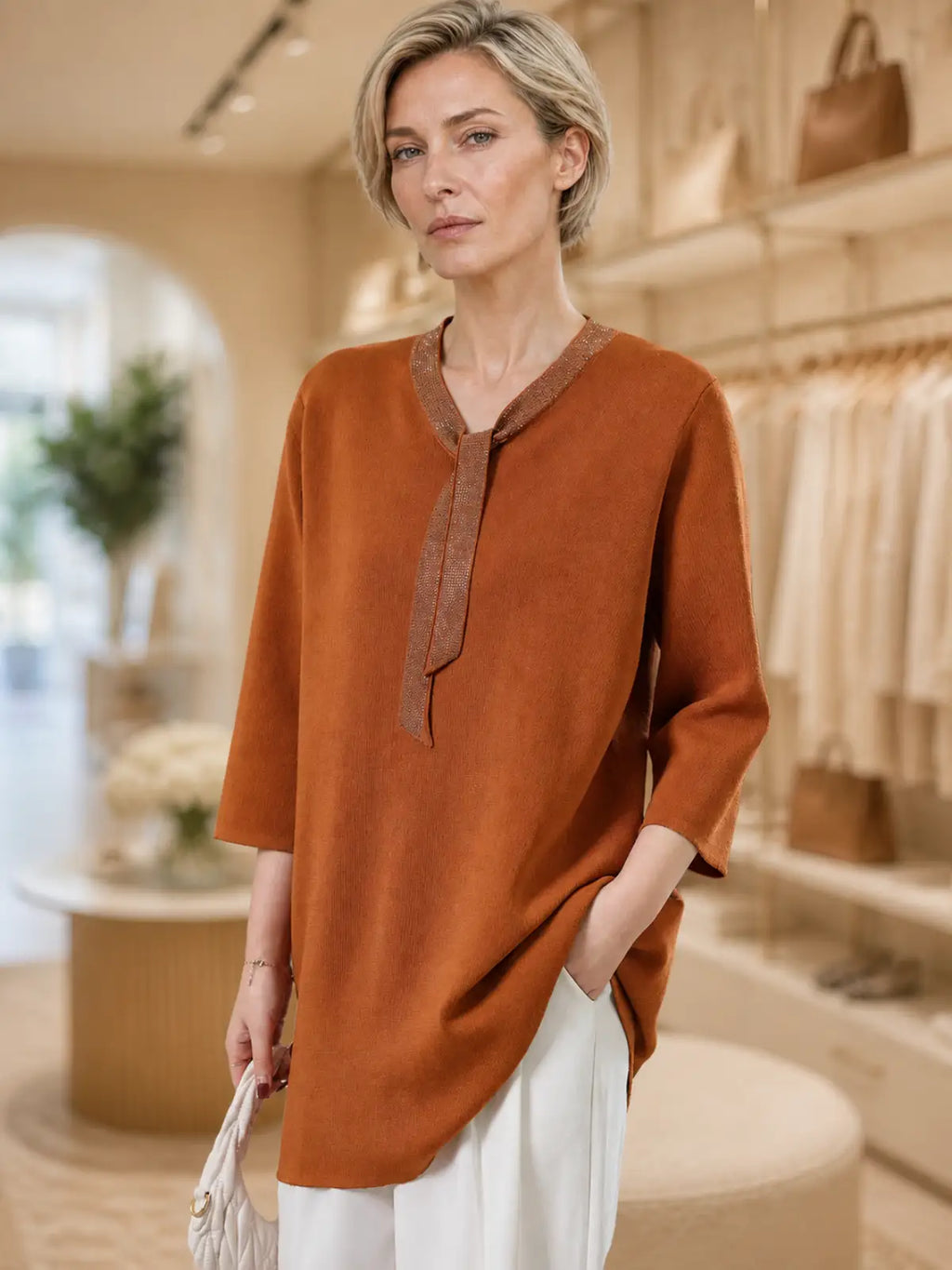 Silky-Feel V-Neck Top with Decorative Tie Detail - main model view