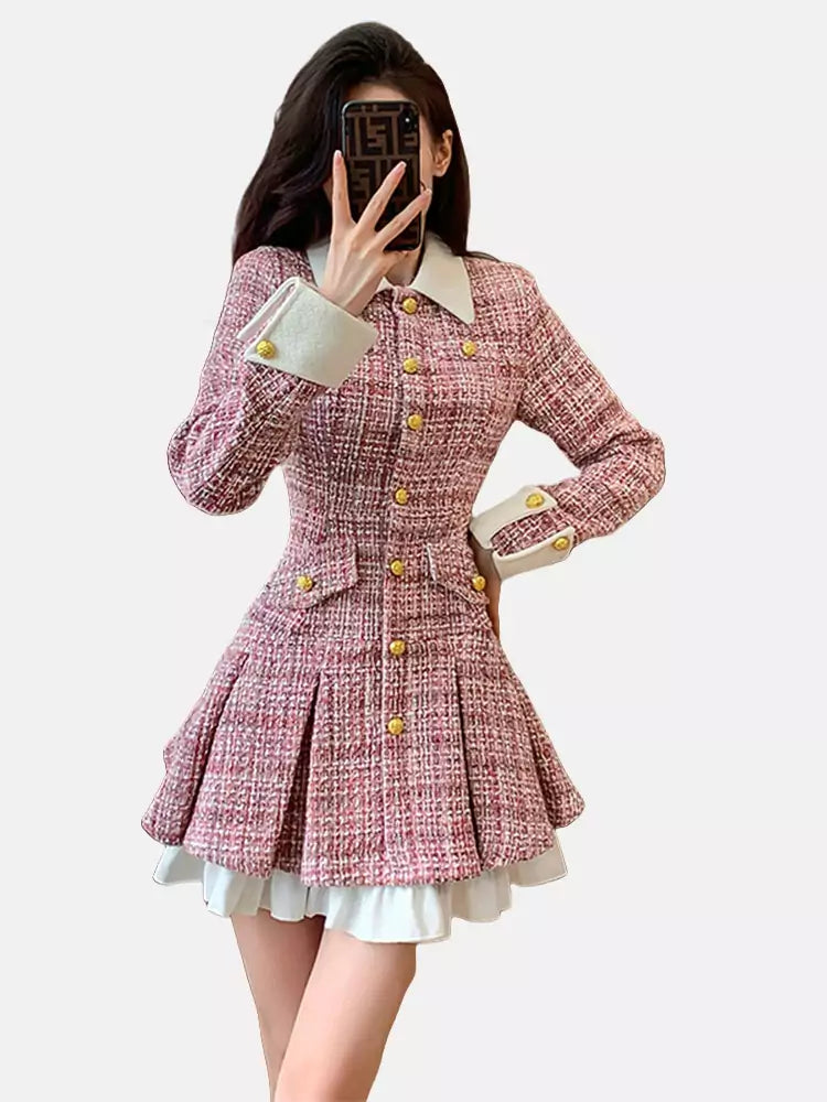 Single Breasted Tweed A-Line Dress with Contrast Panels