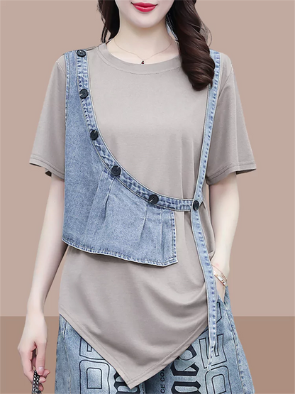 Modisches Kurzarm-T-Shirt mit asymmetrischem Patchwork-Muster in Zweiteiler-Optik für Damen