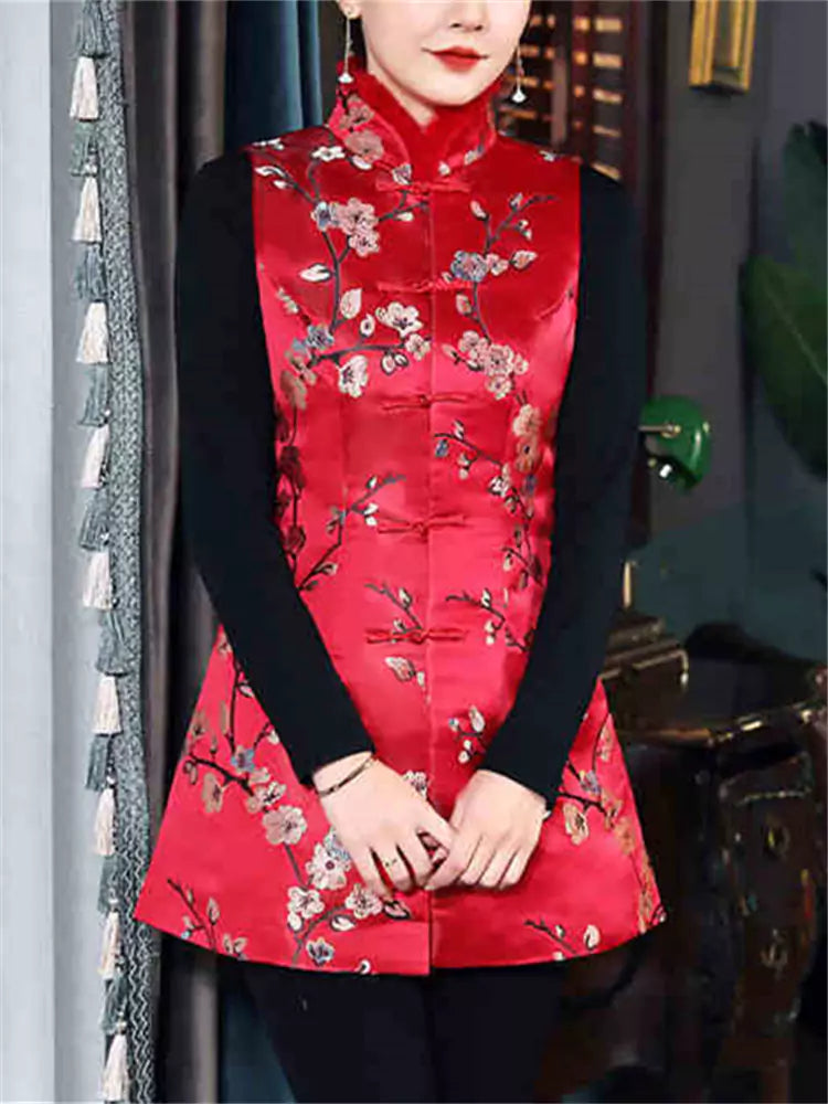Stilvolle, rot bestickte, mittellange Weste im chinesischen Vintage-Stil mit pelzbesetztem Stehkragen für Damen