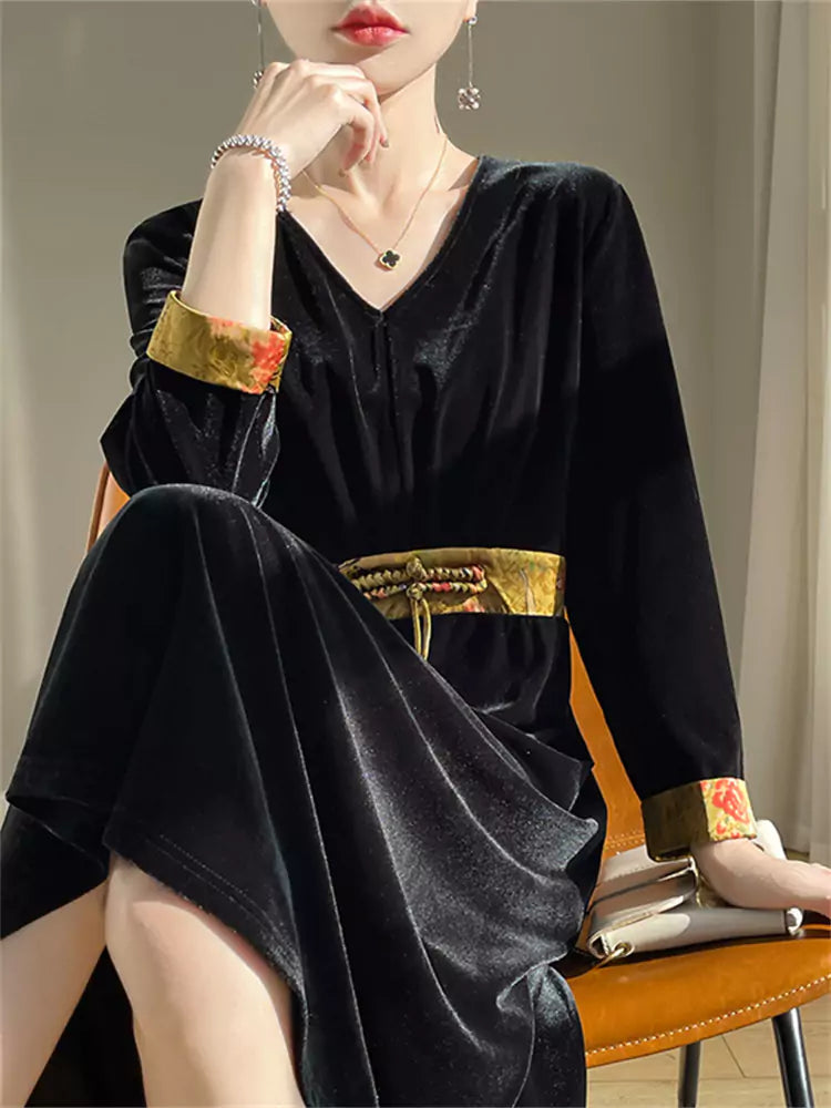 High-Waisted Black Velvet Maxi Dress with Oriental Design