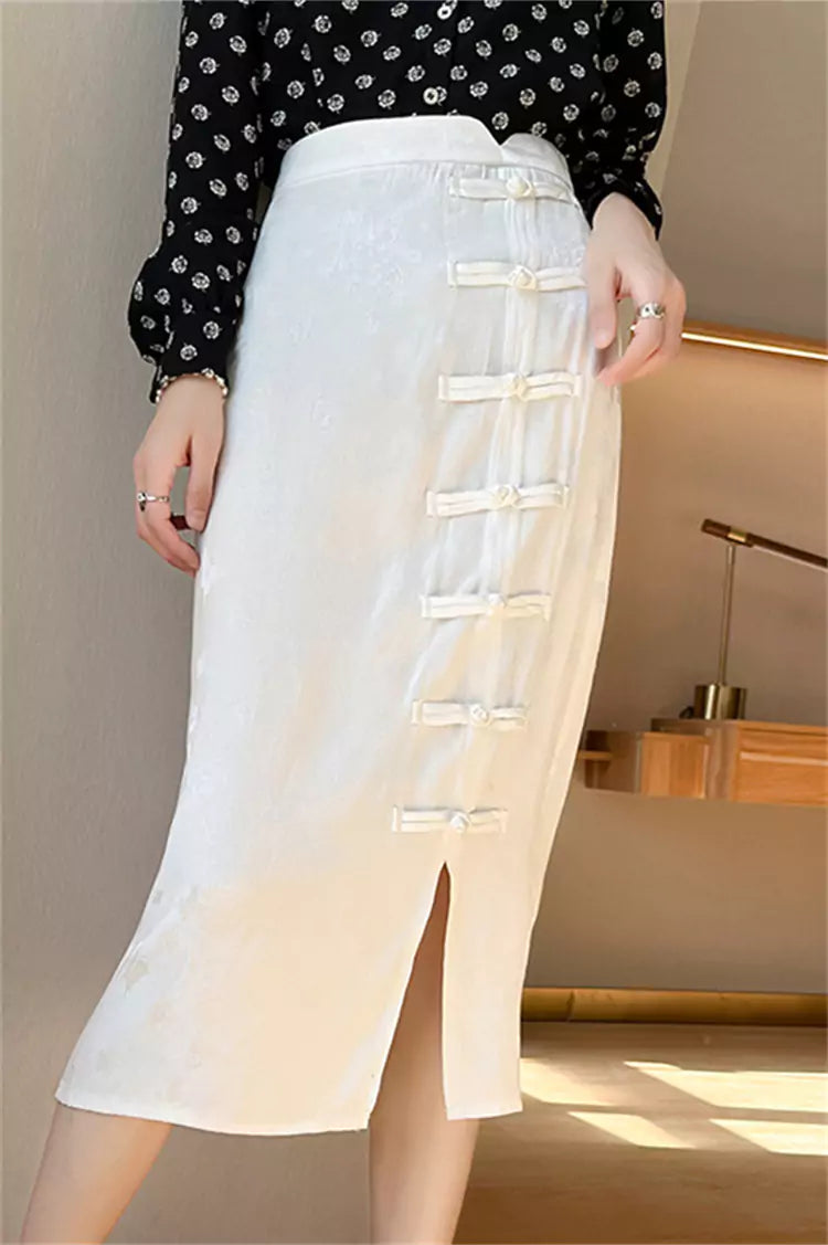 High-Waist White Satin Jacquard Pencil Skirt with Frog Buttons and Slit